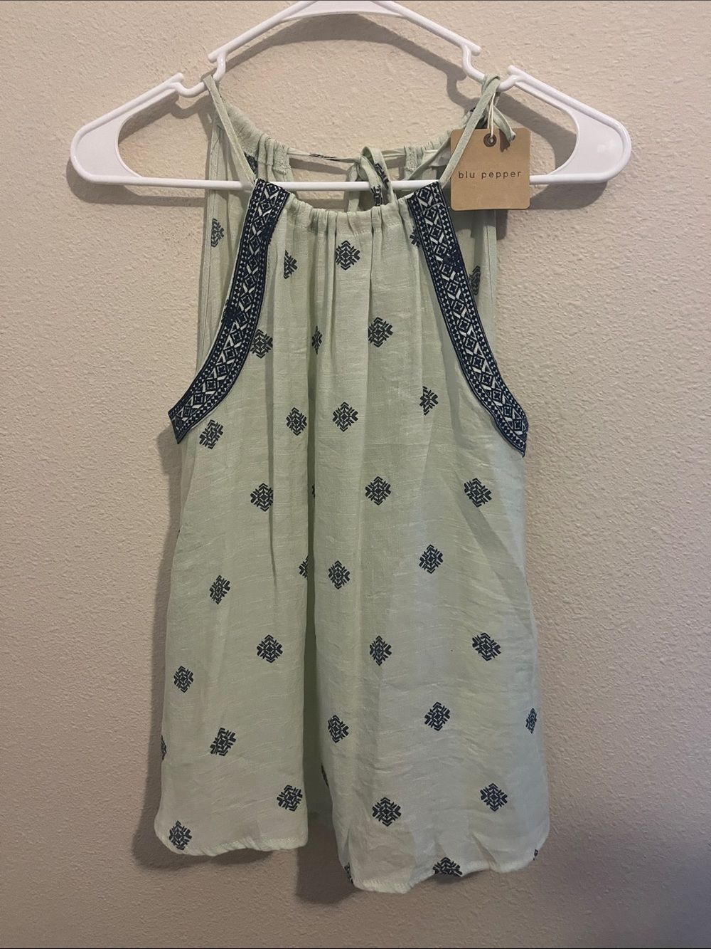 Blu Pepper Mint Green Halter Dress with Navy Embroidery